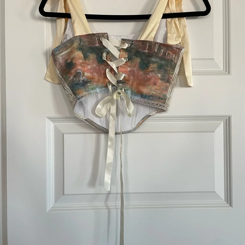 Micas Romantic Baroque Print Women's Corset Top with Ribbon Straps - Picture 6 of 10